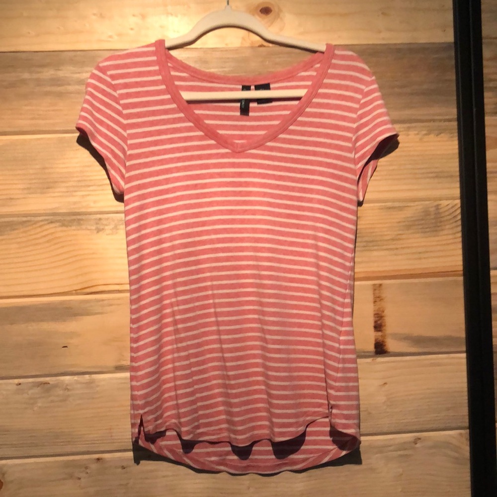 COPY - Pink striped v neck T, cap sleeves. Buttery cotton/ modal/ spandex mater…